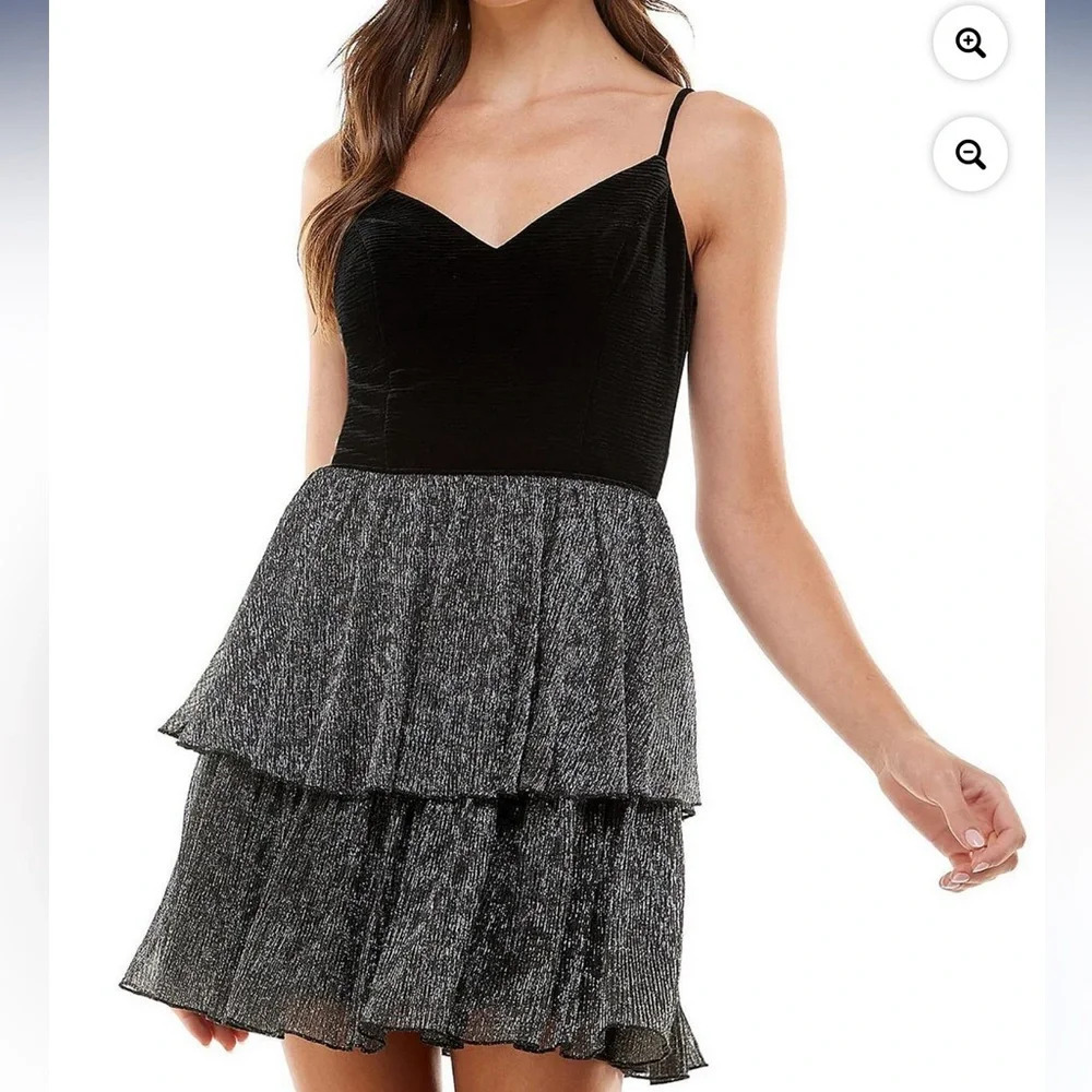 City Studio Black Velvet & Silver Metallic Tiered Mini Dress - Size 17/18 NWT